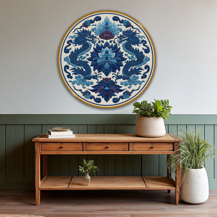 Featuring cool color temperature, a royal blue twin dragons round oil painting offers a captivating oil painting decoration for a serene ambiance.