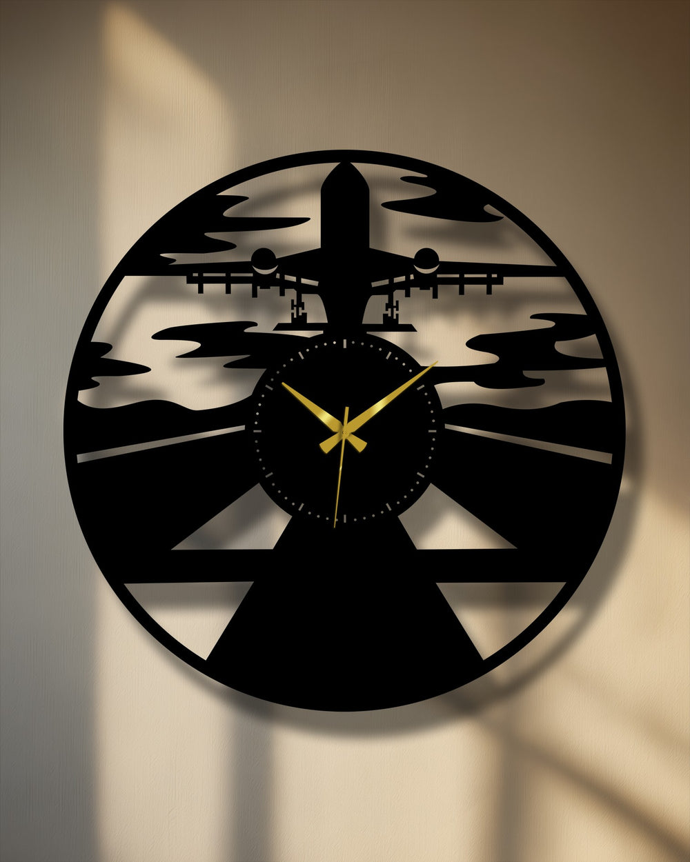 The focal point is an aviation-inspired metal wall decor, featuring a black airplane silhouette clock with gold hands ready for takeoff.