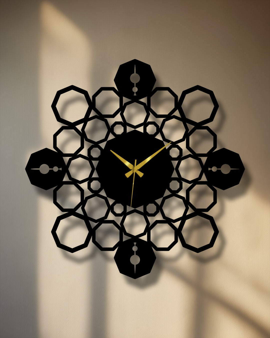 Textured, light wall with sunlight and shadows offers a clean background for the Geometric Mandala Metal Wall Clock, metal wall decor.