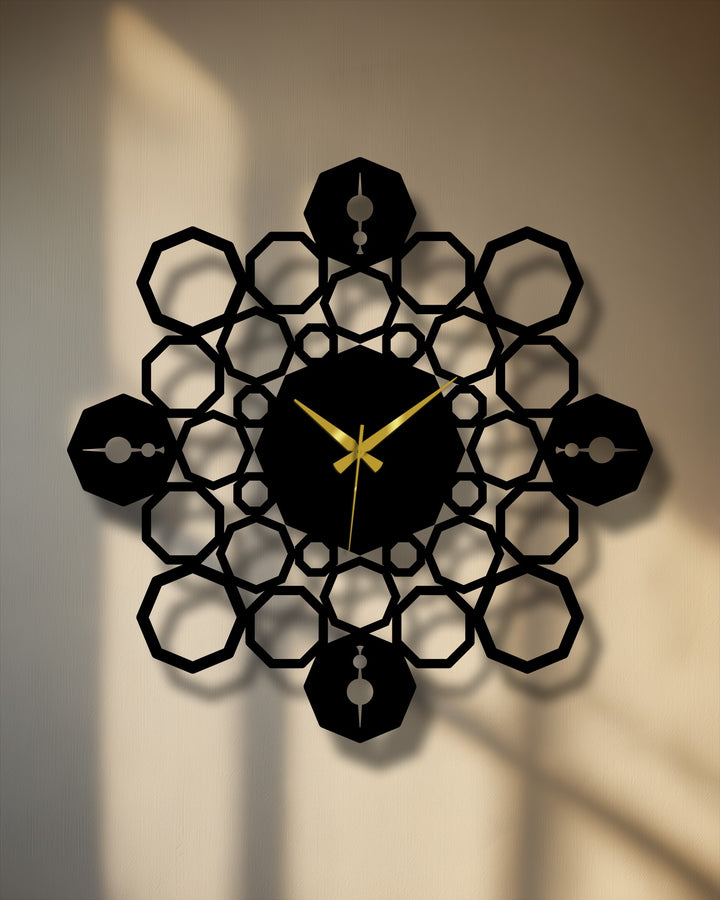Textured, light wall with sunlight and shadows offers a clean background for the Geometric Mandala Metal Wall Clock, metal wall decor.
