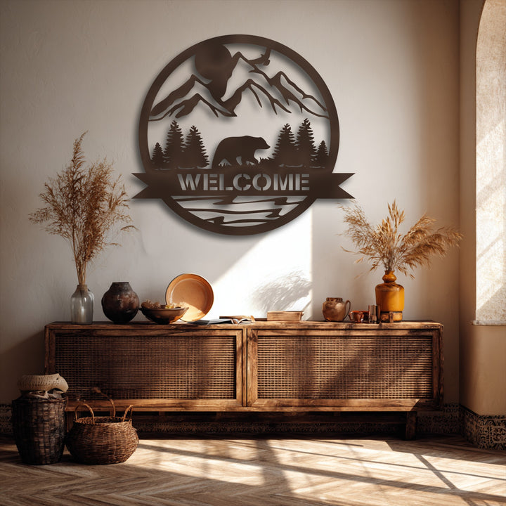 The robust metallic edge and intricate borders of the mountain bear welcome decoration wall art showcase a precise cutout nature landscape.