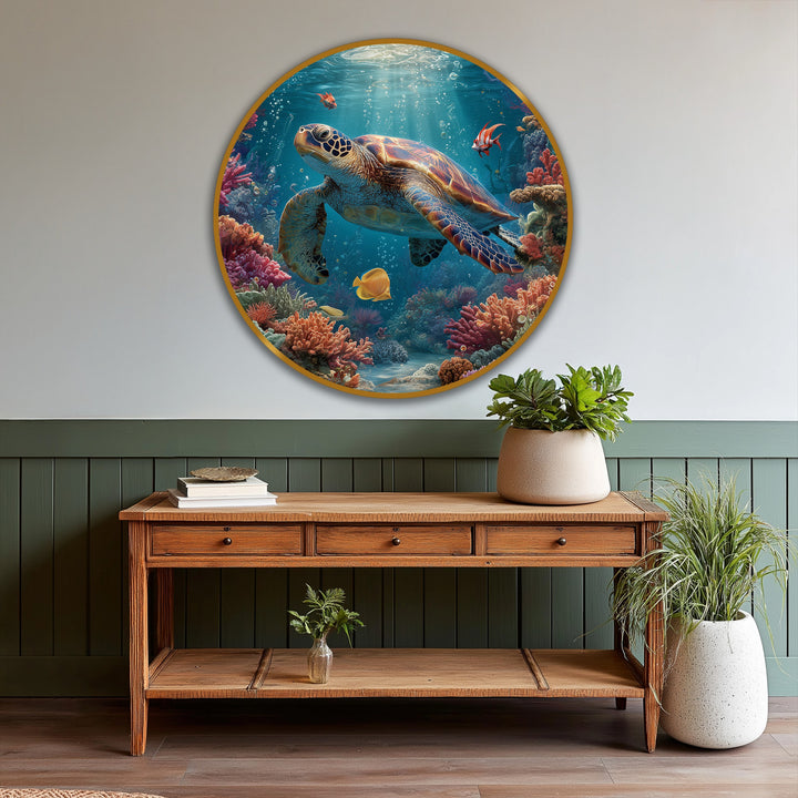 As the central subject, this graceful sea turtle oil painting decoration is vibrant with the blues of the ocean and colorful coral reefs around me.