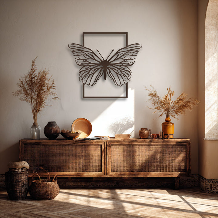 A captivating ethereal butterfly frame is the unique metal wall art focal point, featuring an elegant nature silhouette above a wooden console.