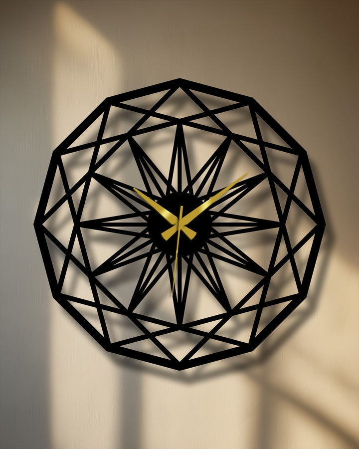 The stillness of time is captured in this geometric star pattern metal art for wall clock, creating a mesmerizing moment of decorative precision.