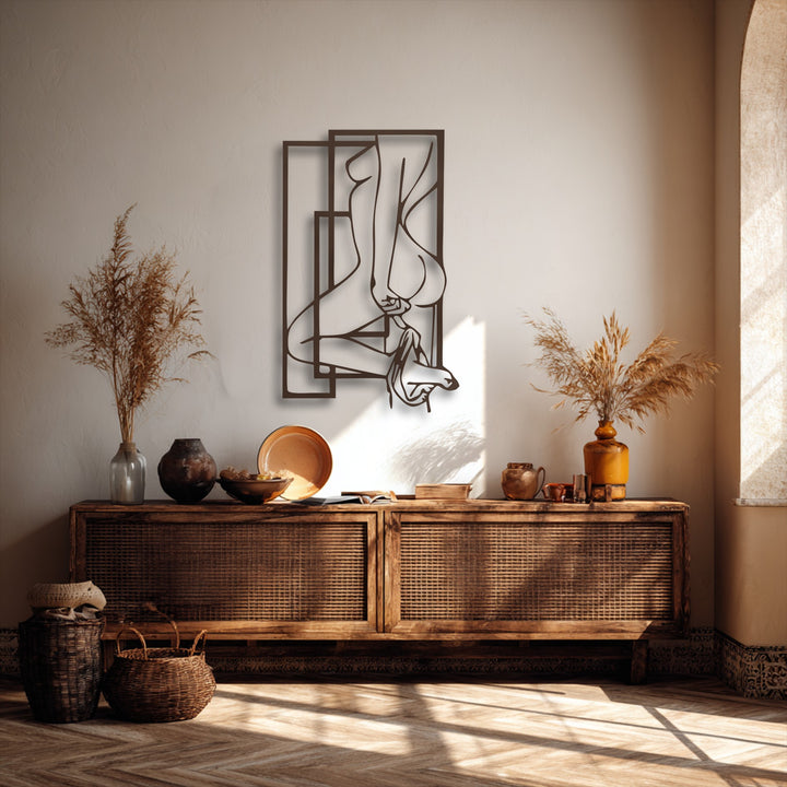 Highlighting impressive depth and layered design, this abstract feminine silhouette metal art for wall features geometric frames for modern decor.