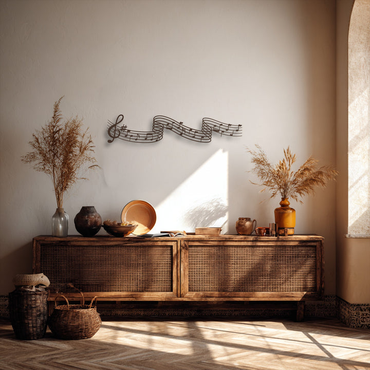 A long, horizontally oriented musical metal art for wall features flowing notes shaped like a melodic wave across a light-toned wall.