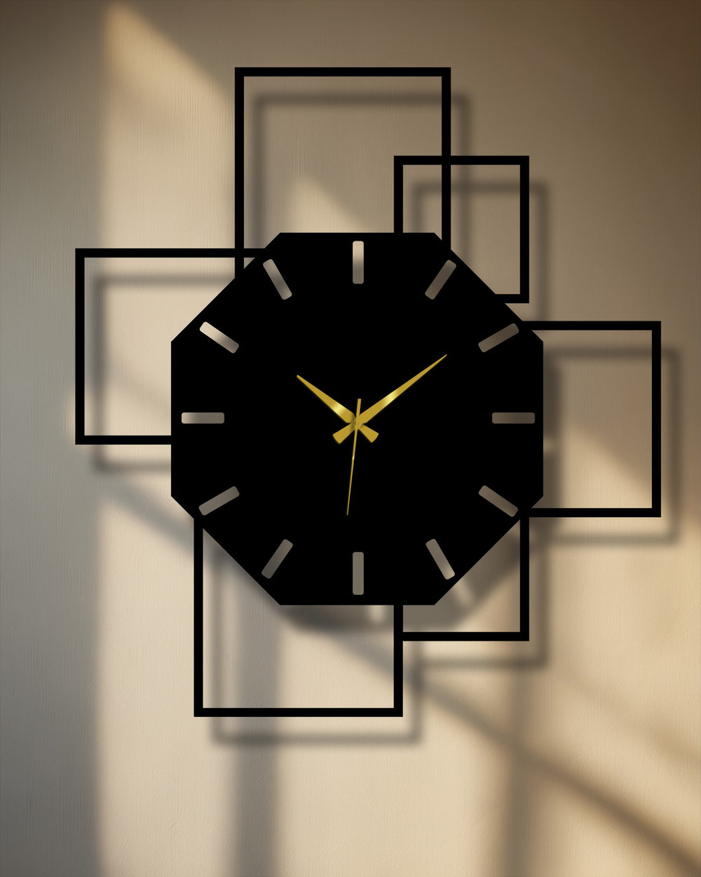 Background wall textures and sunlight complement the modern octagonal metal art for wall clock with a square frame design.