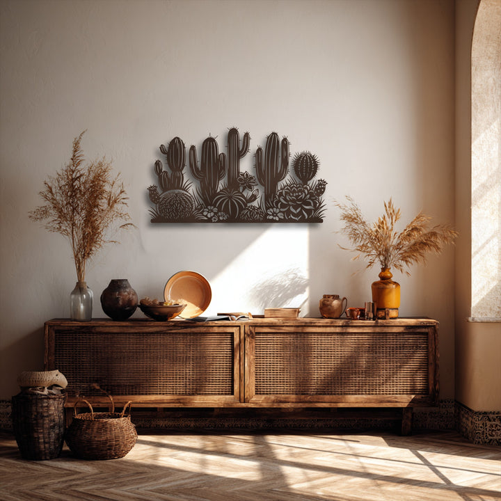 Expertly crafted, this durable metal decoration wall art presents a detailed desert cactus garden silhouette with a high-quality finish.