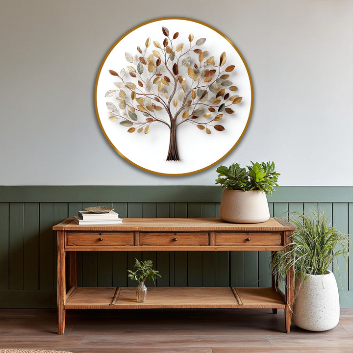 Warm color temperature highlights the golden leaves in this round, elegant tree design in a modern oil painting art piece.