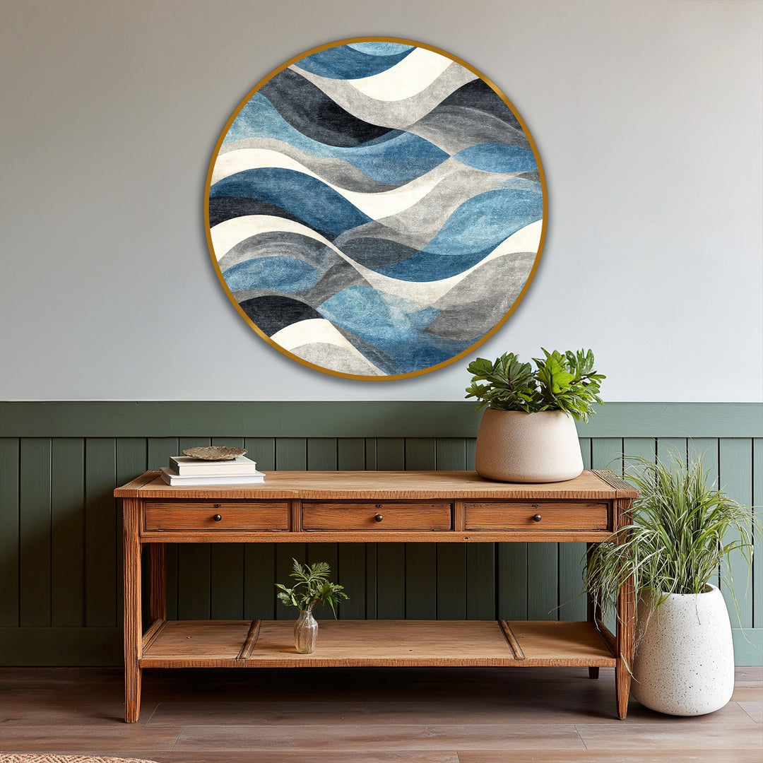 Striking color contrast defines this ocean rhythm oil painting home decor, where the blue wave abstract design features contrasting shades in a circular, modern wall art piece.
