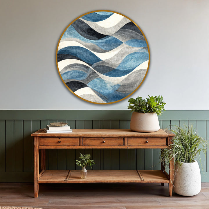 Striking color contrast defines this ocean rhythm oil painting home decor, where the blue wave abstract design features contrasting shades in a circular, modern wall art piece.