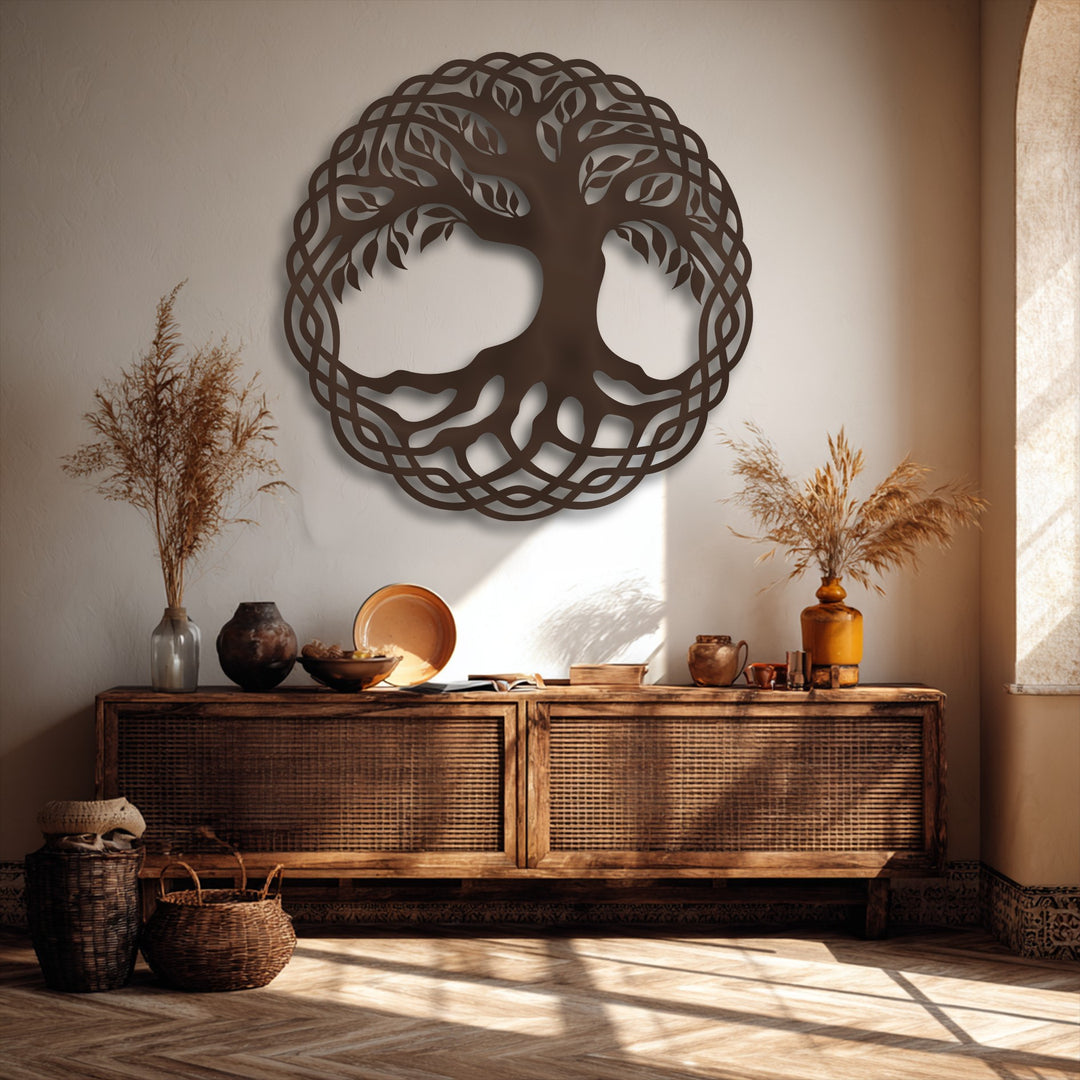 The abstract and symbolic Celtic Tree of Life metal artwork features an intricate knot circle design, adding a modern touch to the décor.
