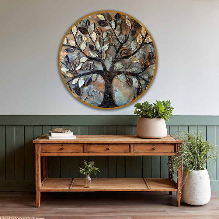 Focal point showcases the rustic harmony of a textured metal leaf tree round oil painting decoration, bringing a unique touch to home decor.
