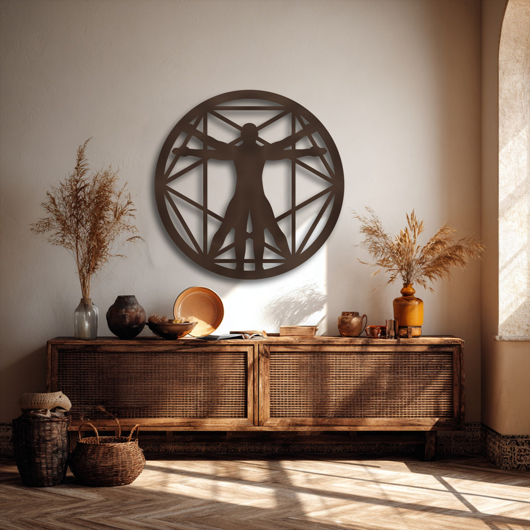 The unique metal wall art featuring the Vitruvian Man Geometric Circle stands out with its sharp color contrast against the light wall.
