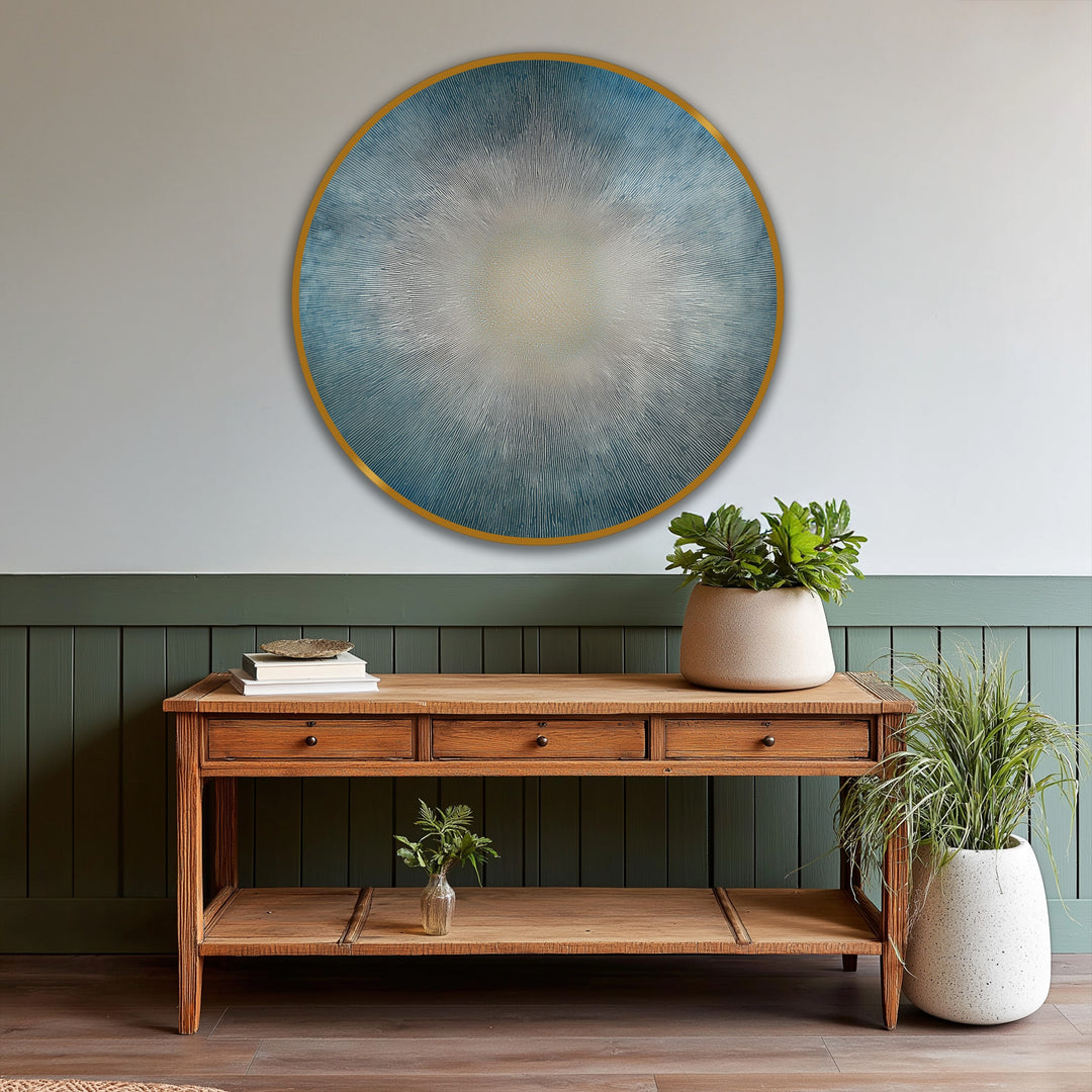 Depicting depth and layers, this radiant horizon oil painting presents a sunburst effect with modern oil painting art radiating from a bright core with textured brushstrokes.