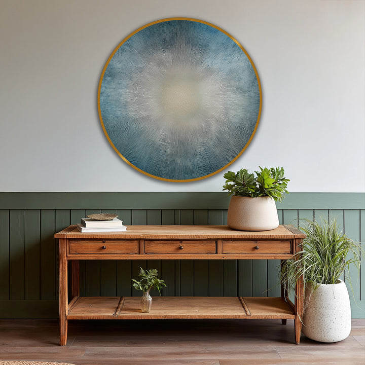 Depicting depth and layers, this radiant horizon oil painting presents a sunburst effect with modern oil painting art radiating from a bright core with textured brushstrokes.