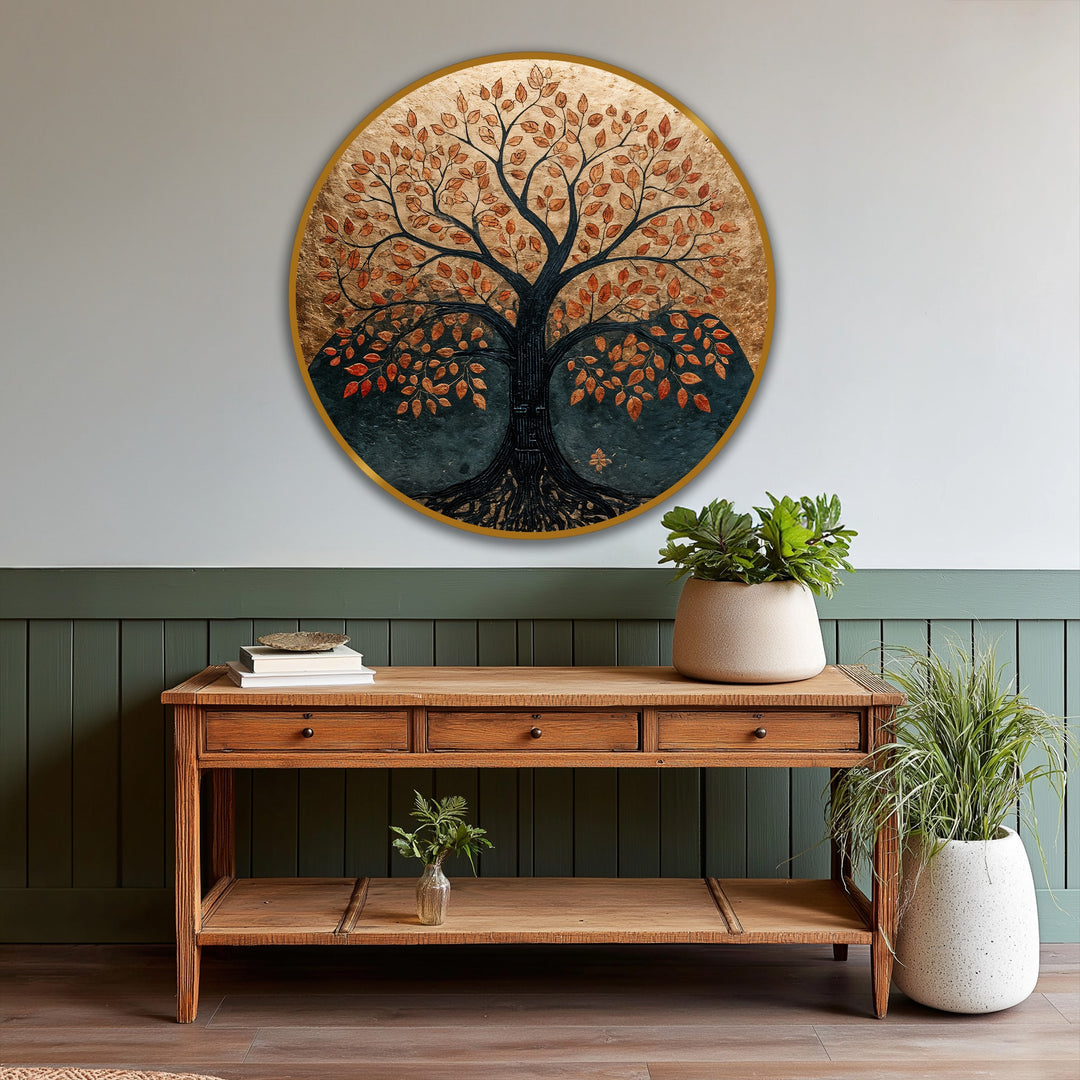 Revealing the abstract quality, the eternal roots of this autumn tree round oil painting offer an exquisite piece of oil painting decoration with copper leaf accents.