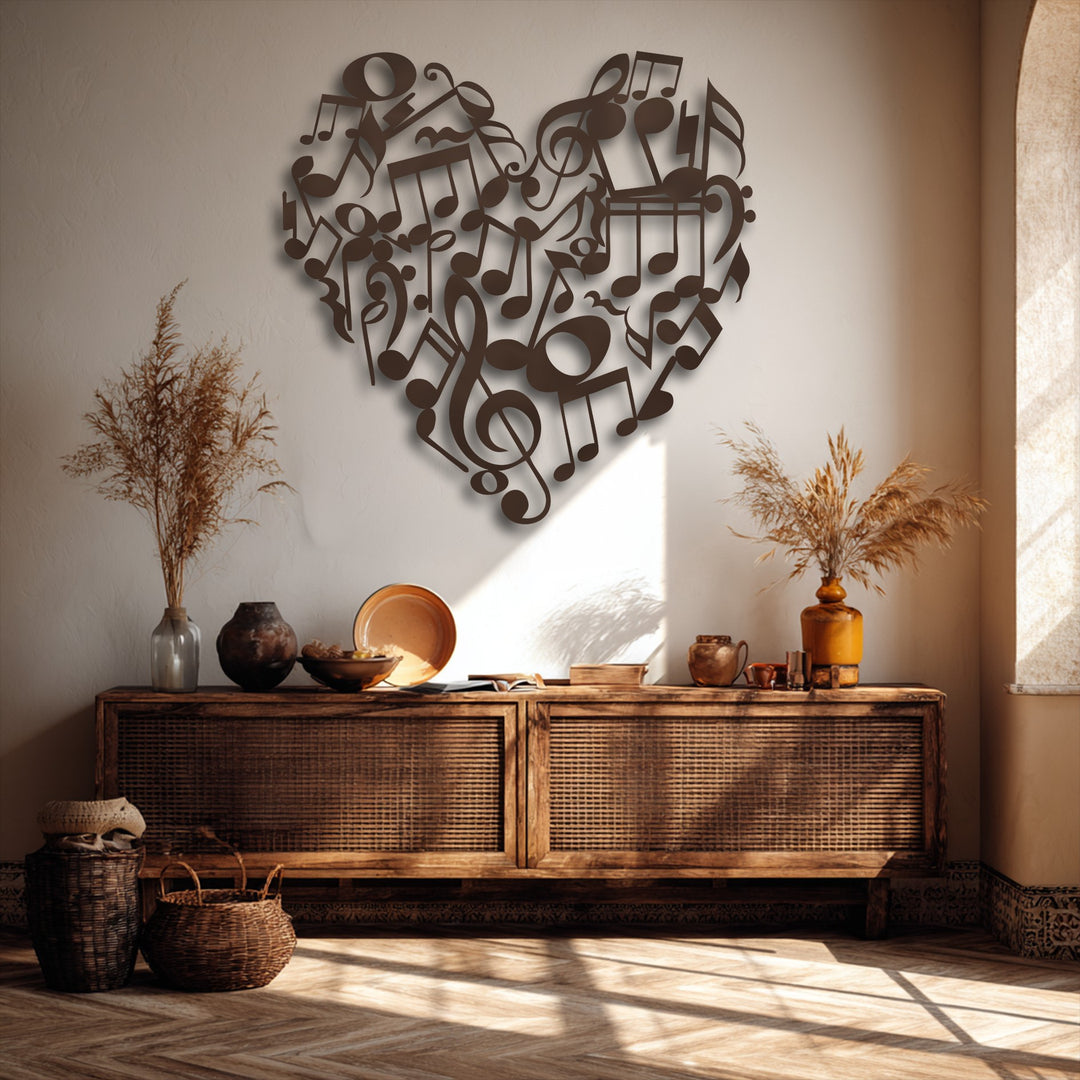 The metal decoration wall art features a dark, matte finish on the dimensional, heart-shaped music notes, casting a stylish shadow effect.