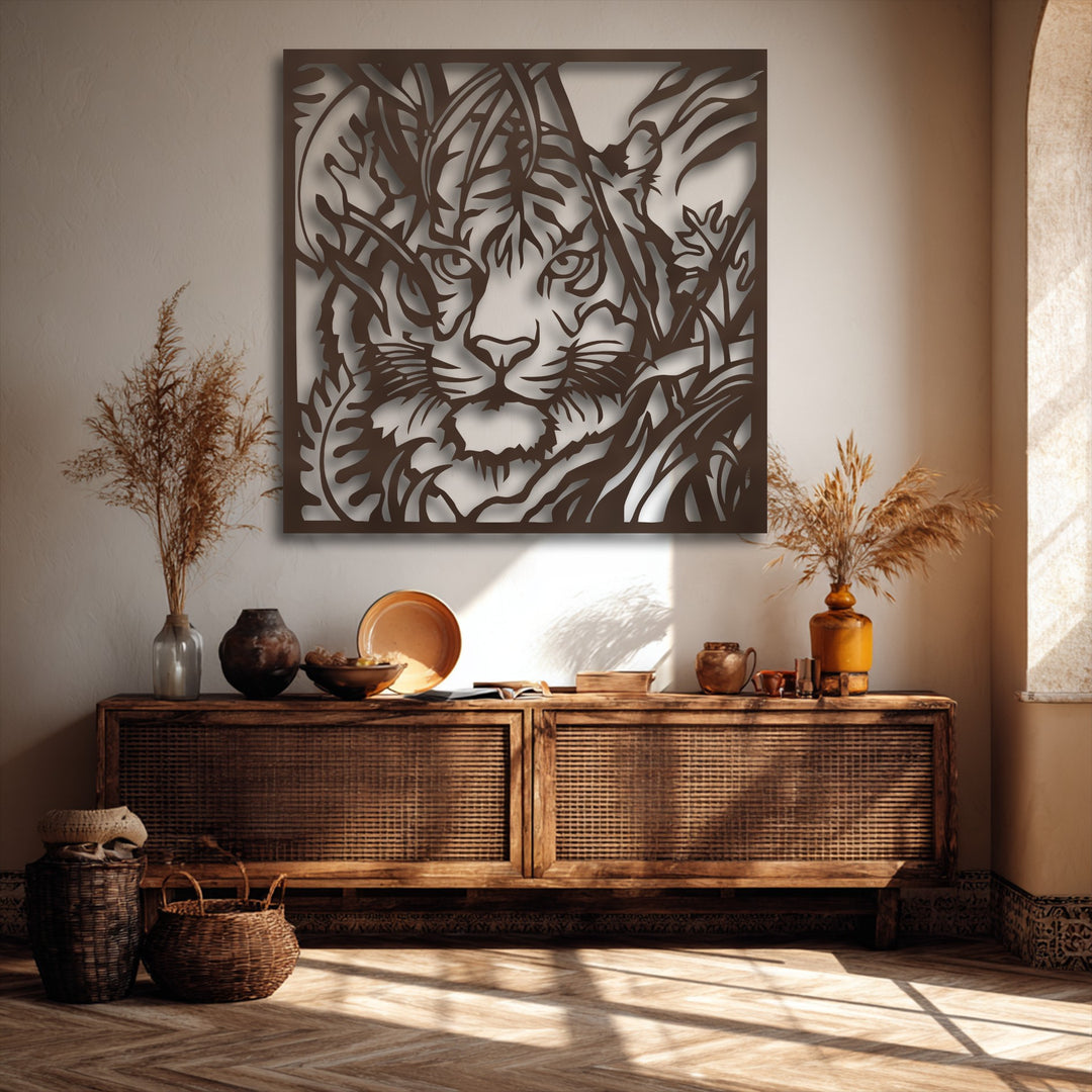 Visual rhythm is created by the intricate negative space of the tiger in foliage decoration wall art, enhancing its dynamic design.