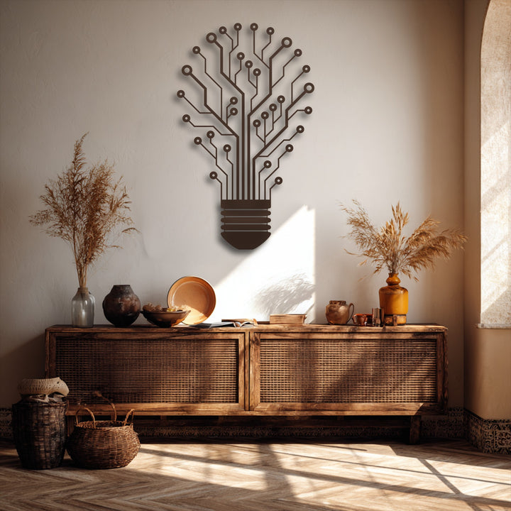 Striking color contrast highlights the dark chocolate decorative metal art of a tech tree lightbulb against the creamy beige wall, symbolizing innovative ideas.