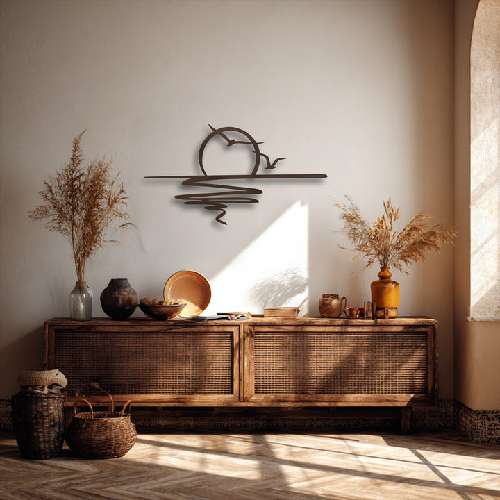 Organic forms define the minimalist sunset birds metal decoration wall art piece, gracefully reflecting natural light in a warm interior.