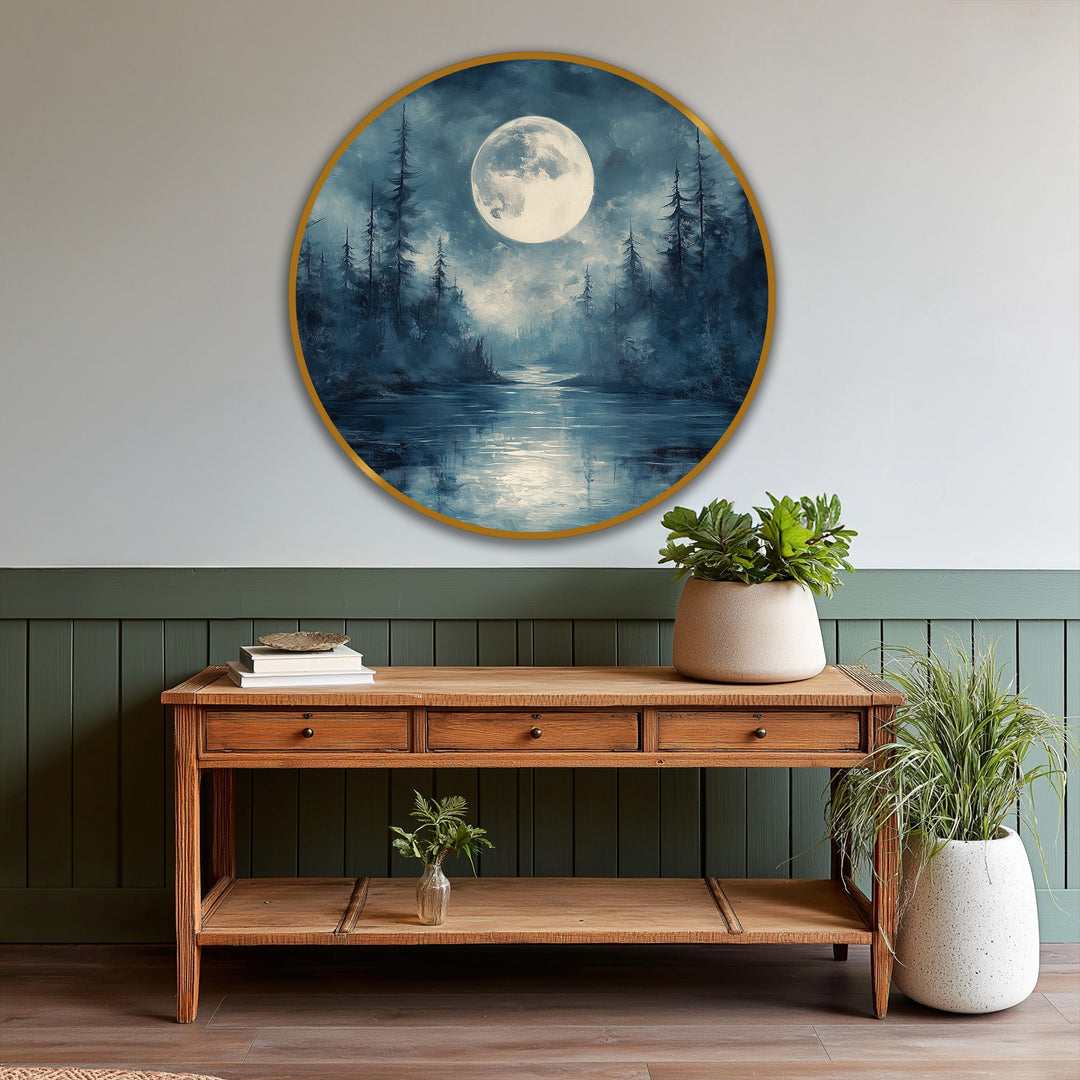 Transitioning from the full moon's pale glow to the deep navy forest hues defines this enchanting moonlit silence mystical forest night round oil painting wall art.