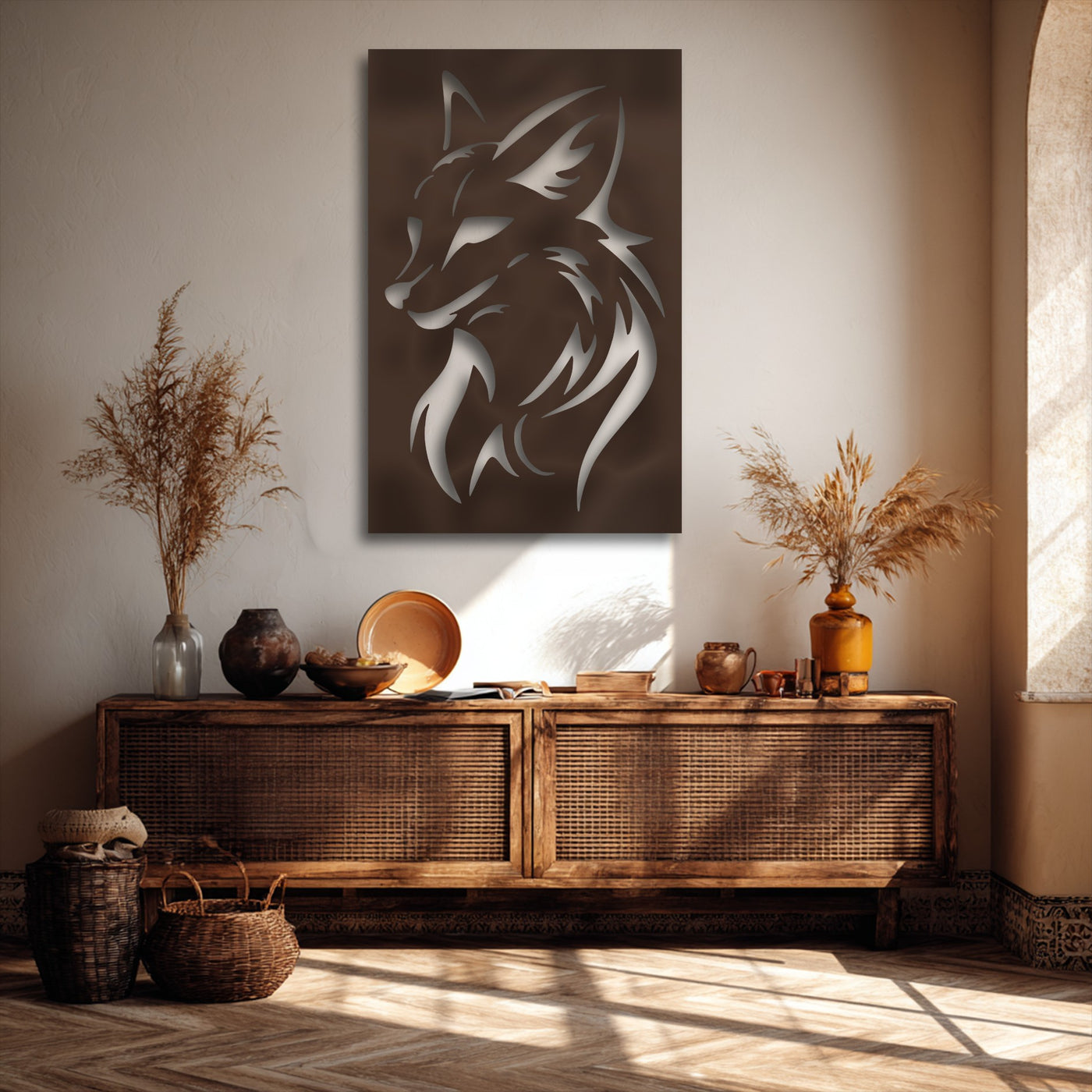 A cozy, warm color temperature enhances the intricate decorative metal art of a fierce wolf head silhouette in an earthy-toned setting.