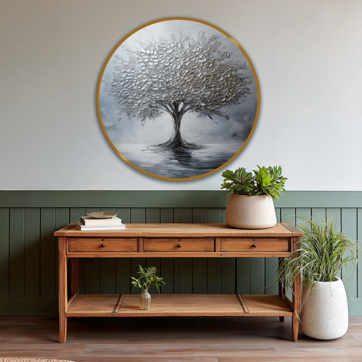 The focal point showcases a silver tree in a stunning monochrome reflection, exemplifying modern oil painting art with an elegant round composition.
