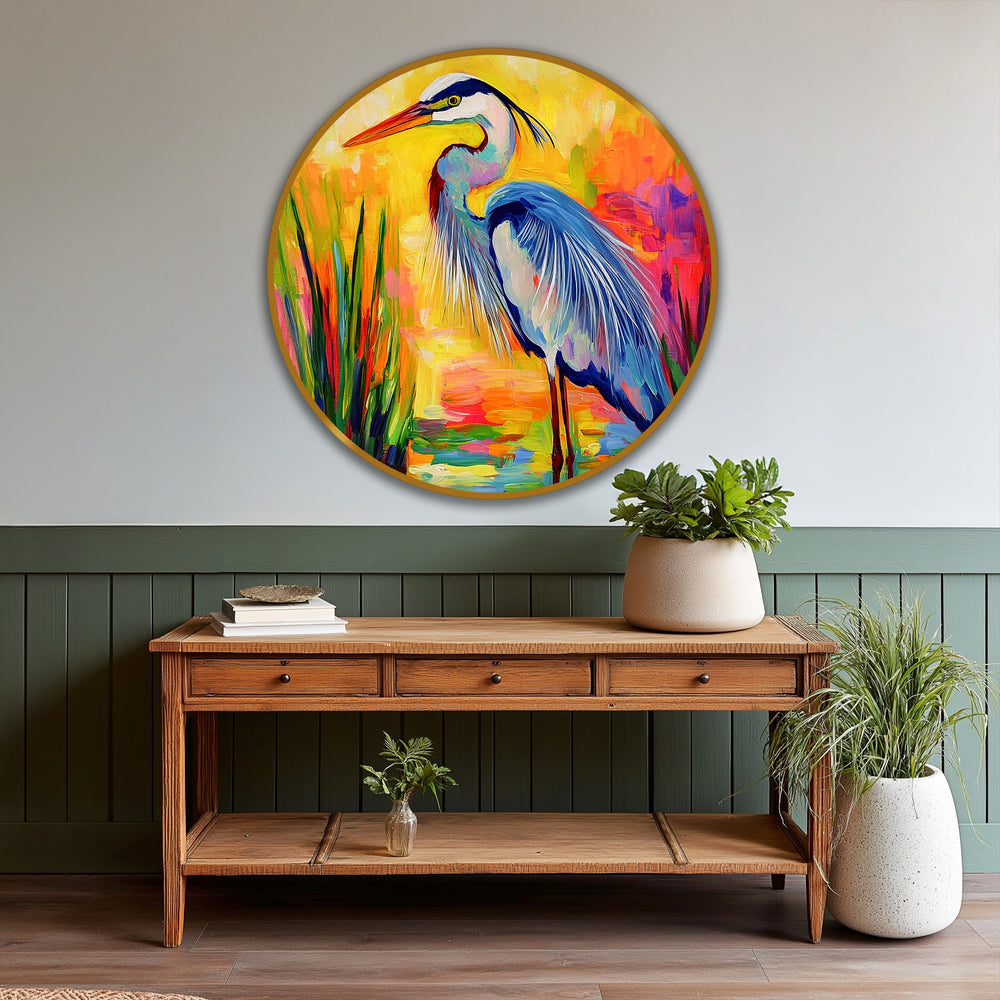 Yellow dominates this vibrant round oil painting wall art featuring a colorful heron in a radiant marsh, creating a stunning example of oil painting wall art.