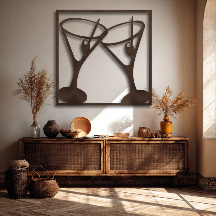 The focal point showcases a captivating metal artwork depicting two clinking martini cocktail glasses, creating modern bar decor.