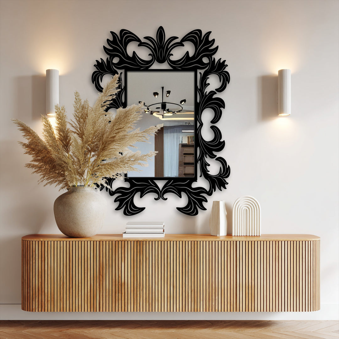 Organic flourishes enhance this ornate baroque frame for the bathroom mirror, creating a statement design showcasing decorative metal art.