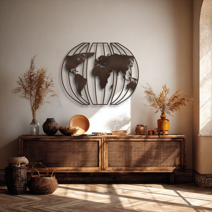 A captivating color contrast is formed by the deep bronze 3D Globe World Map unique metal wall art against a subtly textured light wall.