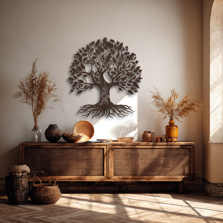 The brightest area, sunlight streaming through a window, softly highlights the ornate Tree of Life metal decoration wall art, casting gentle shadows.