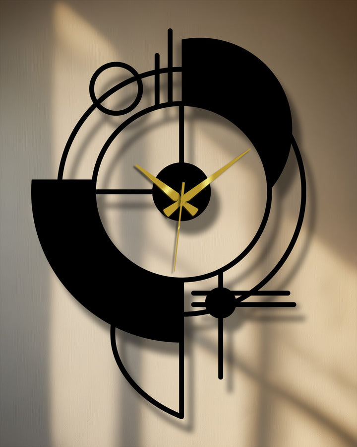 Warm light accentuates the abstract geometric design of this metal wall clock, making it an eye-catching piece of decoration wall art.