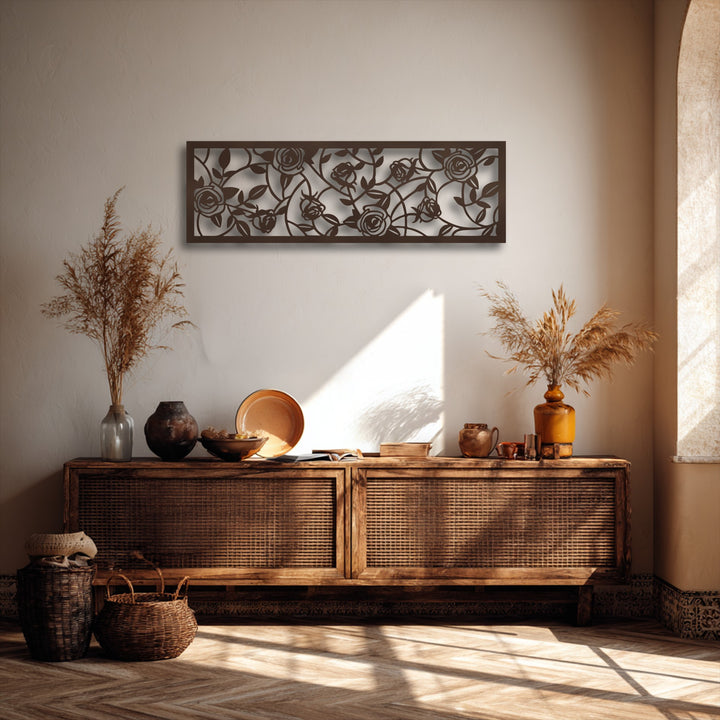 The tranquil mood of this room is enhanced by the elegant Rose Garden Metal Wall Art, a beautiful piece of decoration wall art with a floral vine panel.