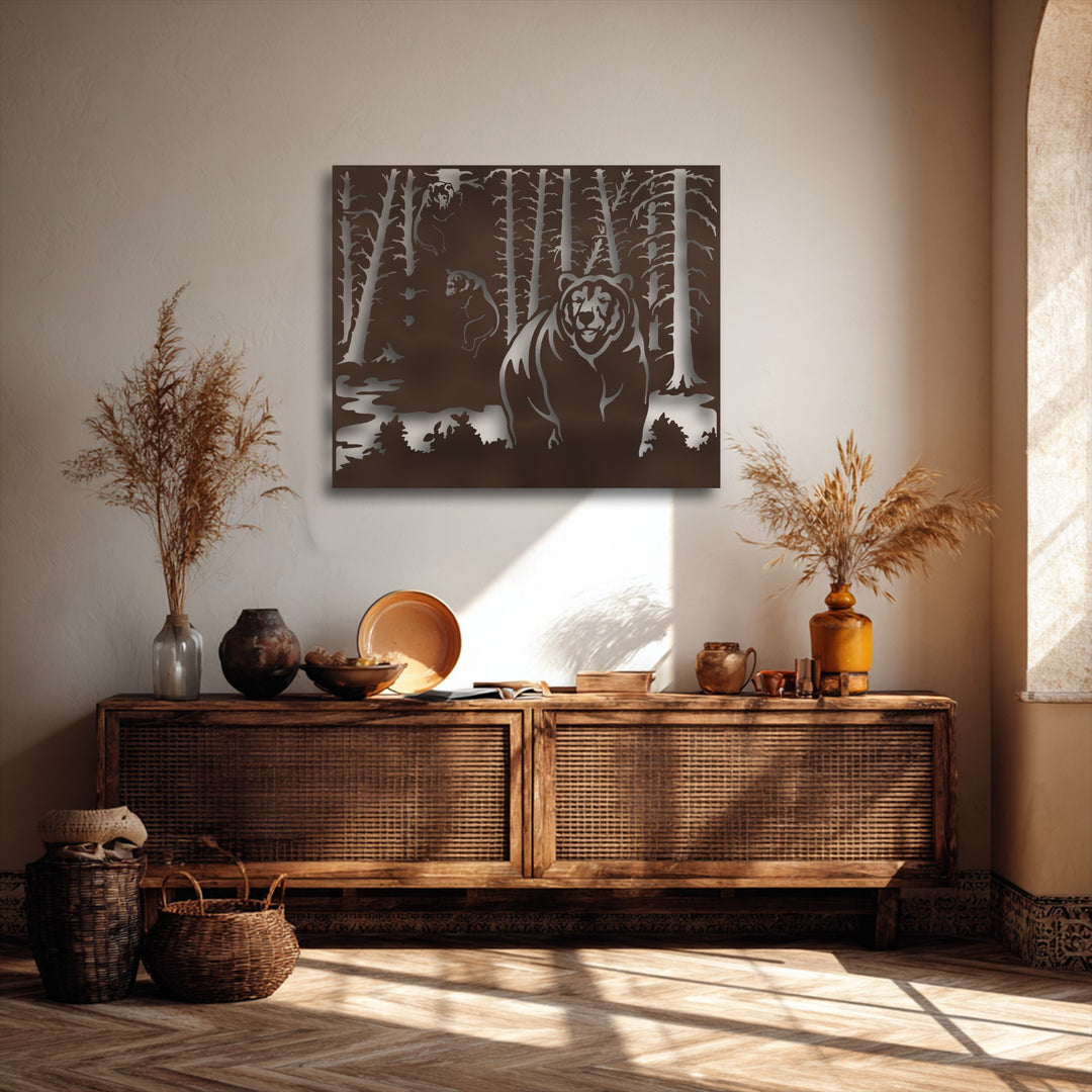 The negative space of this unique metal wall art intricately reveals a forest's depths, defining the powerful bear and hidden wildlife within its scene.