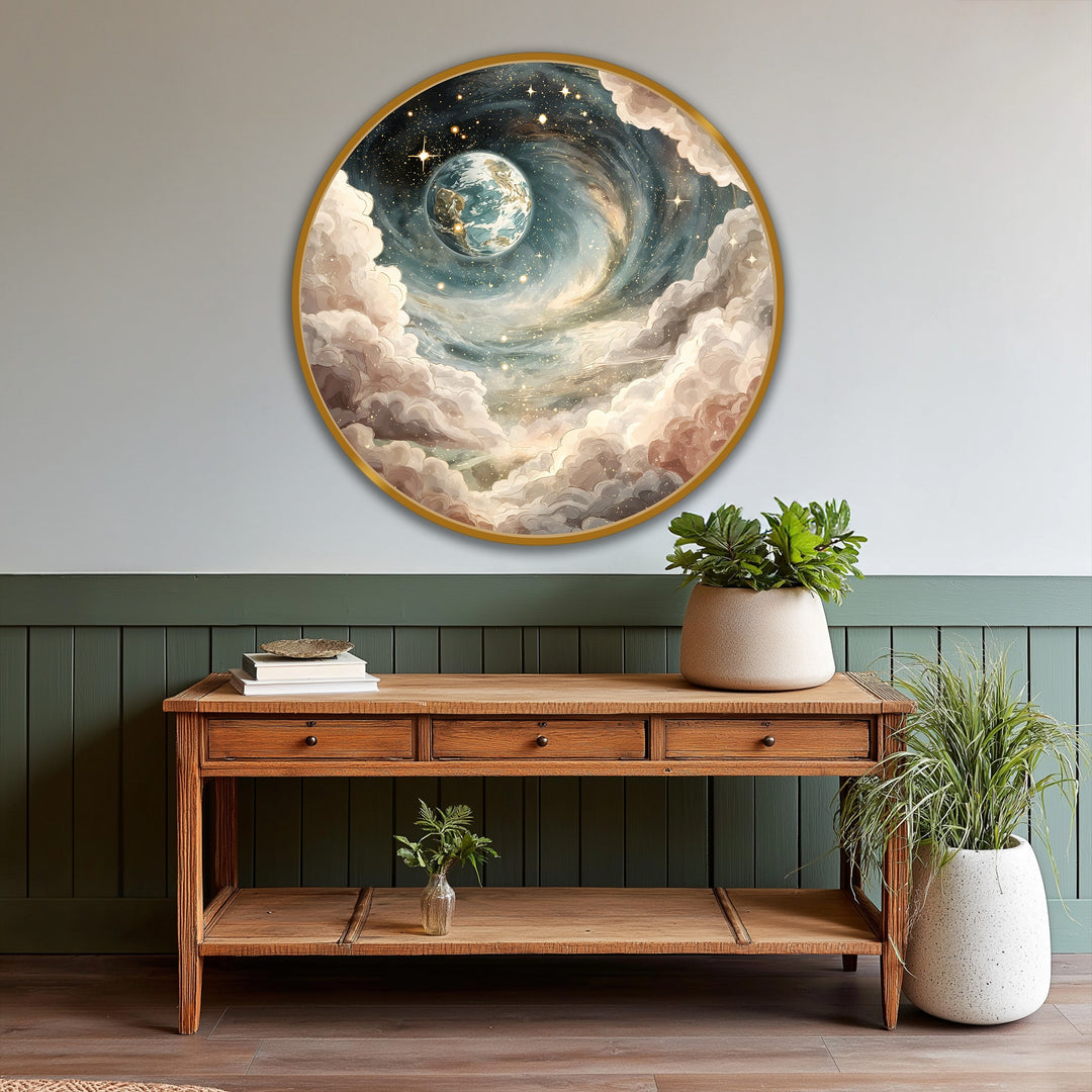 Dreamy celestial round oil painting featuring Earth, galaxies, and stars is the loudest element in this stunning example of oil painting art prints.