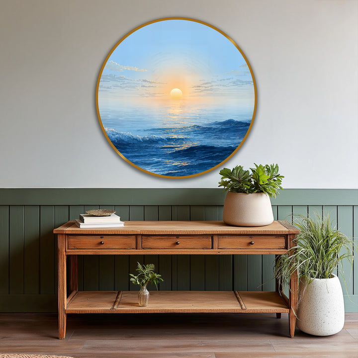 Featuring the edge and borders, this round oil painting artwork showcases a gold border encircling a serene seascape, capturing the golden horizon and gentle waves.