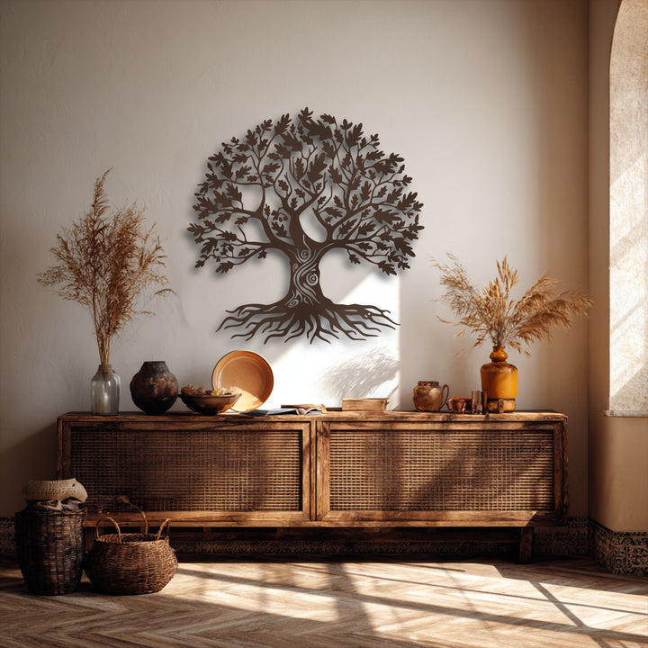 The stillness of the sunlit room is enhanced by the majestic Tree of Life decorative metal art, evoking a sense of calm and enduring nature.