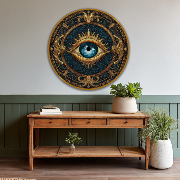 Auspicious mood conveyed by the ornate round wooden oil painting art depicting a celestial guardian eye, a captivating piece of modern oil painting art in blue and gold.