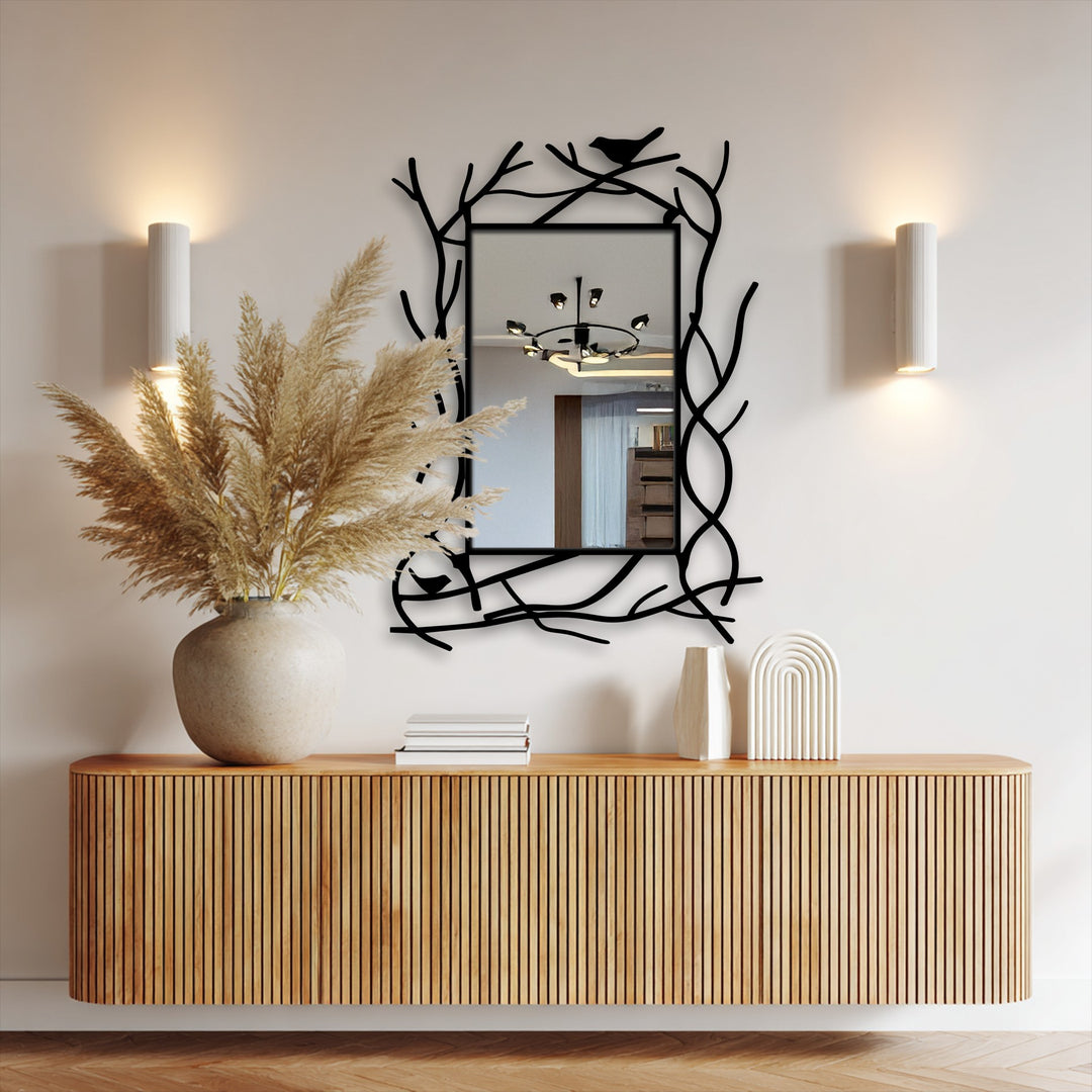 Nature-Inspired Branch Frame Black Metal Floor Mirror with Bird Detail