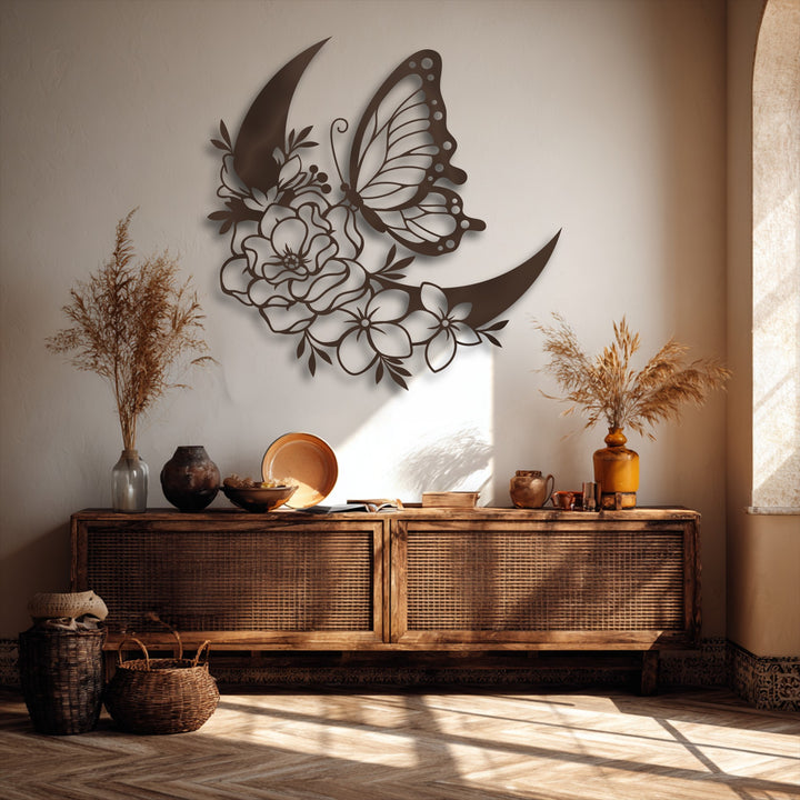 A dark brown metal wall art piece, featuring a beautiful butterfly and intricate floral crescent, serving as stunning decoration wall art.