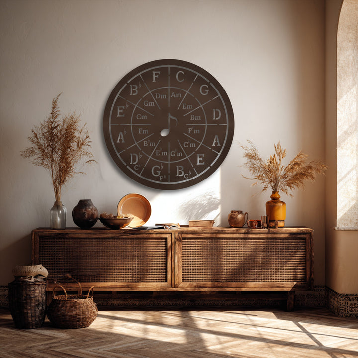The overall warm color temperature beautifully accentuates the unique metal wall art featuring the Circle of Fifths music theory wall decor.