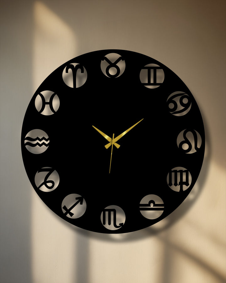 The crisp, circular edge and the borders around each cut-out zodiac symbol define this decorative metal art clock.