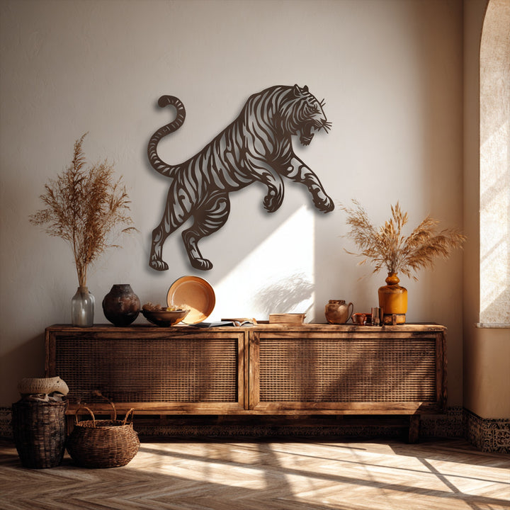 The dimensional metal artwork of a leaping tiger silhouette casts a distinct shadow, creating a captivating layering effect on the wall.