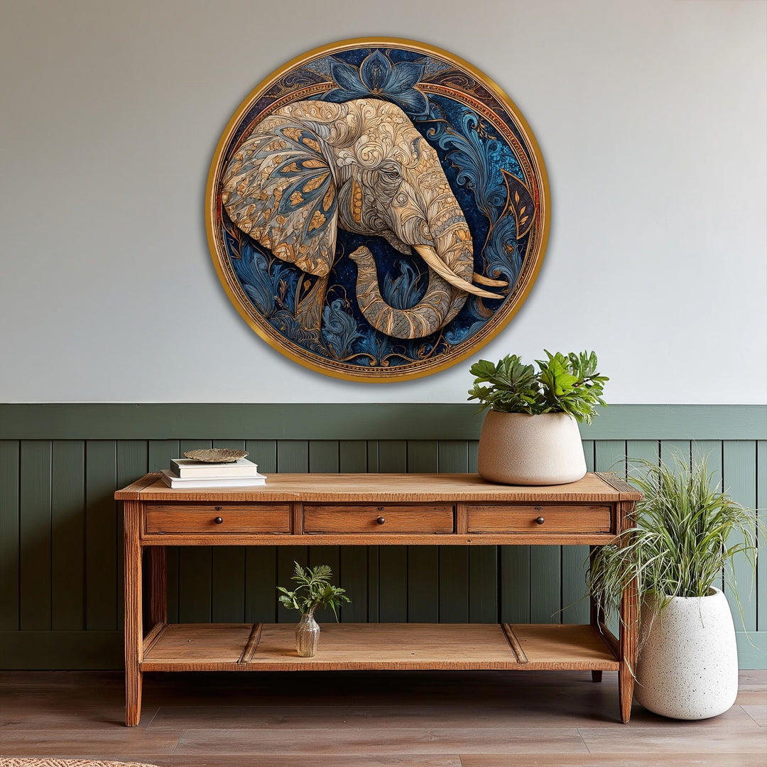 Sophisticated and serene, the round royal lotus guardian ornate elephant oil painting art piece exudes an elegant, symbolic mood with its gold and blue details.