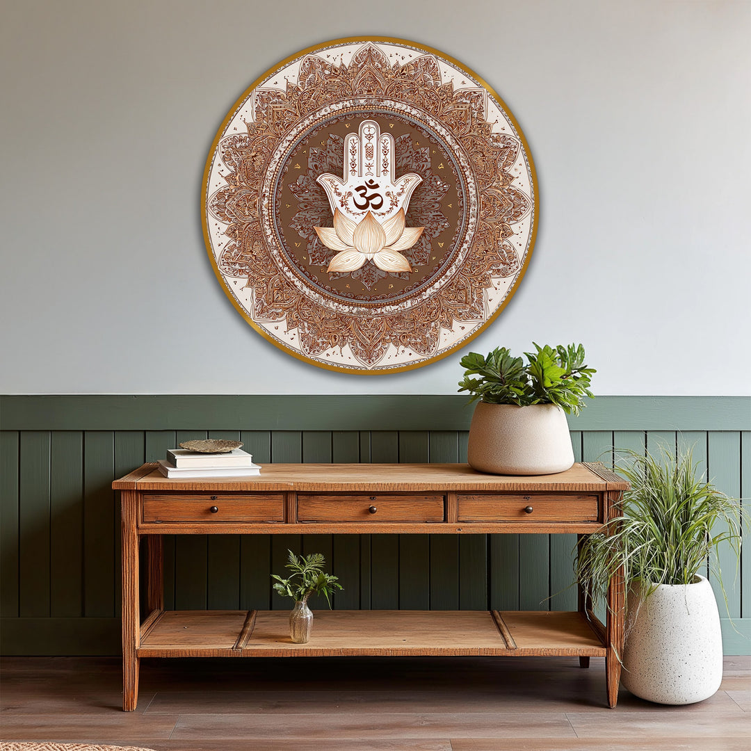 Golden edging surrounds the circular sacred lotus Hamsa oil painting artwork on wood, defining the border and adding a refined touch.