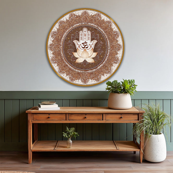 Golden edging surrounds the circular sacred lotus Hamsa oil painting artwork on wood, defining the border and adding a refined touch.