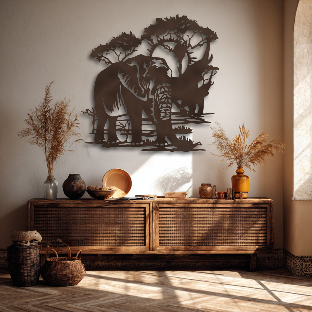 The intricate layering effect of this unique metal wall art reveals a majestic safari elephant landscape scene with remarkable depth.