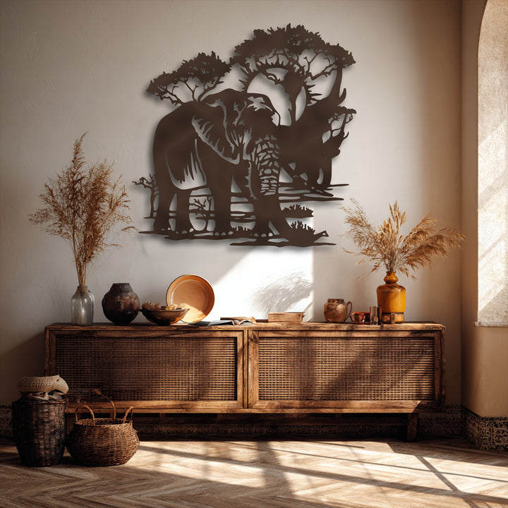The intricate layering effect of this unique metal wall art reveals a majestic safari elephant landscape scene with remarkable depth.